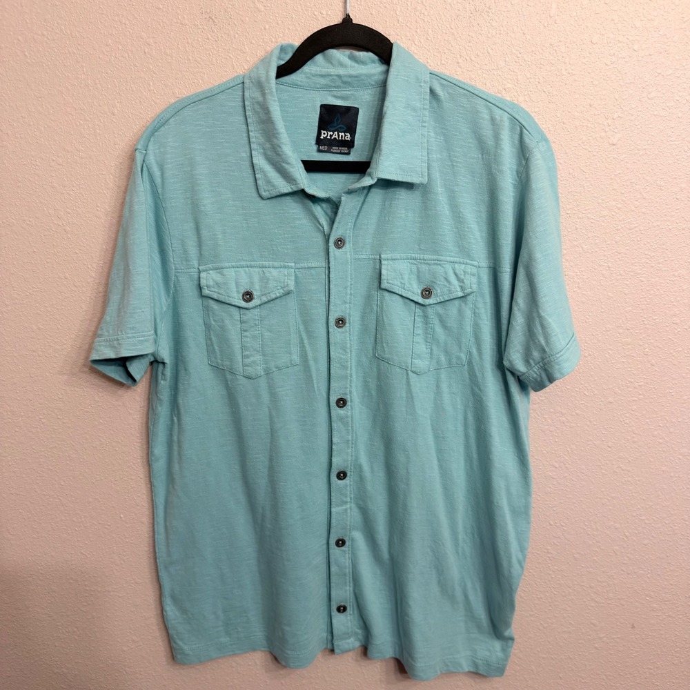 PrAna Breathe Mens Medium Blue Organic Cotton Slub Short Sleeve Button Down